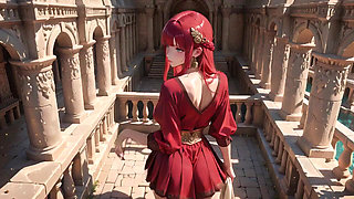Ancient Stone Corridors Dappled with Light, She Lounges in a Circular Pool Overflowing with Liquid
