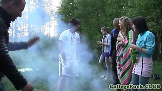 Three college chicks jizzed on tits outdoor