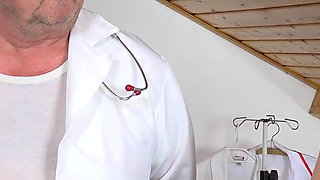 Seductive teen Little Eliss examined by two old perverts