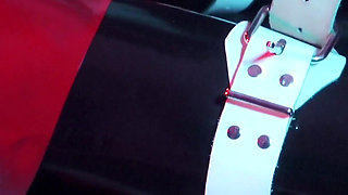 Heavy rubber masked latexgirl stretched and tickled