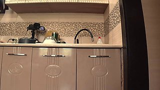 Milf Big Tits Big Butt in Short Robe Kitchen Close-Up