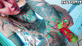 Tattooed Pornstar in Lingerie DP Herself with Crazy Dildos