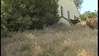 Two guys watch a slutty blond get fucked in her pussy by a machine