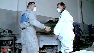 Threesome in the workshop with Alexandra a cute russian babe