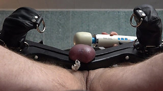 Male Slave in the Ball & Wrist Stock with Machine Fuck & CBT