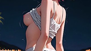 Pink haired beach reverse cowgirl, blonde titfuck bed cum