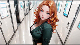 So Lazy and Seductive Walking the Office Corridor, Hand on Cheek, Fingers Touching Lips.