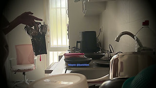 Stepmother doing maid chores, naked