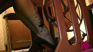 Vintage_sewing on My Granny's Old Sewing Machine in Black Pantyhose and Suede Louboutins