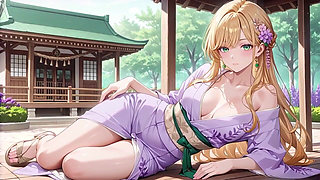 Blonde Boss in a Wet Purple Robe! Languidly Switching Between the Japanese Garden and Her Private Bedroom