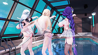 [mmd]thor, Shen He, Dumb Goose Bunny Girl, Jk Uniform, Swimsuit, Miniskirt, Black Stockings, White Stockings, Huge Breasts