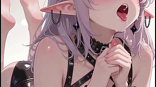 White-haired Anime Elf in Black Leather Latex