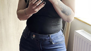 Masturbating with a Huge Black Cock in a Denim Miniskirt