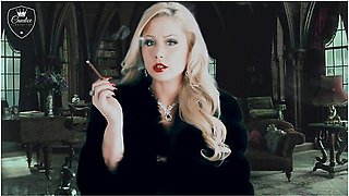Topless blonde in fur coat, smoke curling around her curves