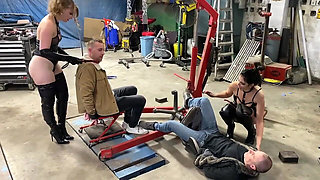 French Pegging - Garage of Humiliation: the Boss Orchestrates a Memorable Punishment with His Dominatrixes