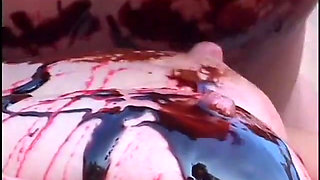 Horny cock sucking babe and bf fuck while covered in syrup on the floor