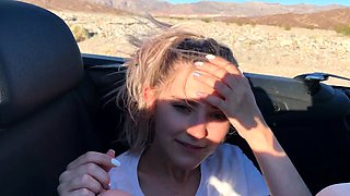 Public teen sex in the convertible car on a way to Las