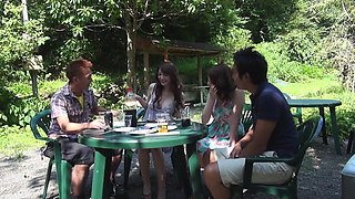 Japanese Foursome - 2 Hot 20yo Hairy Pussy Girls Gangbanged by 2 Studs