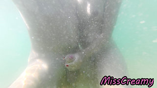 We Got Caught! My Teacher Handjobs My Cock Underwater on Nude Beach