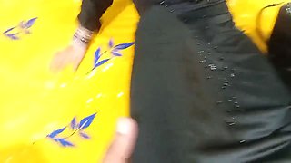 Pretty girl in hijab playing with officer's cock for signature