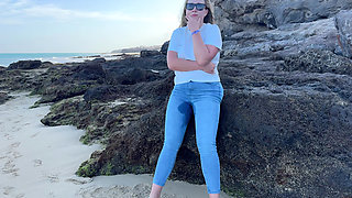 Peeing in Tight Jeans on the Beach