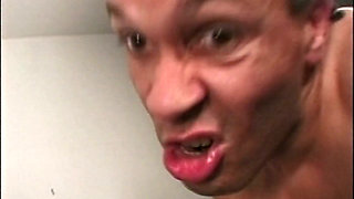 Petite Teen Fucked by Two Monster Black Cocks That Cum in Her Mouth Together with a Horny Dwarf
