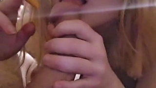 Blonde Cute 18yo Gives Blowjob While Smoking a Ciggarette