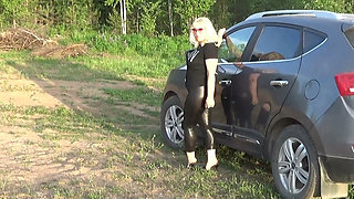 Naked Big Ass in Leather Leggings on a Walk in the Park