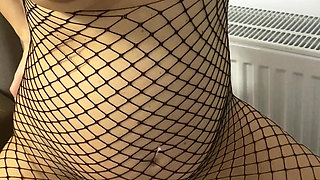 Pregnant in Fishnets Suit with Big Boobs Humping Couch to Orgasm