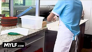 Mylf - big titted blondie milf Nina Elle whips her massive hooters out and makes teen stud cover them in jizz