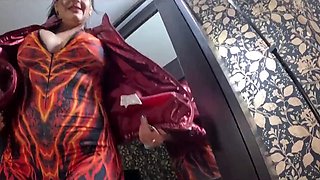 Red Nylon Jumpsuit Fetish Cameltoe Tease, Deep Blowjob and Cum on My Down Jacket