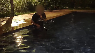 Hot Wife Risking Fucking in Public Pool at Night