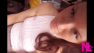 Soft Revving and Gentle Pedal Pumping in Beige Flats on Hosed Feet