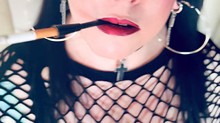 Gothic Girl Tina Snua In Pigtails Smokes A Cigarette In A Holder & Lighting Up With Matches