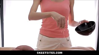 Big Tits thin cougar lures boy during massage