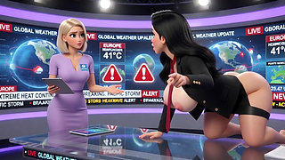 Stunning Nude Female Anchors And Weather Girl Deliver Live News In Studio With Fun Casual Bathroom Break Times
