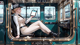 Leaning Against the Vintage Train Door, She Runs Her Hand Down Sheer Stockings While Gazing with a Cold yet Misty Look