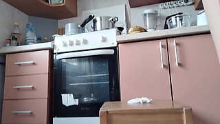 Hot Wife Prepares Naked Food in the Kitchen. Amateur Wife with Hairy Pussy, Big Tits, Big Ass.