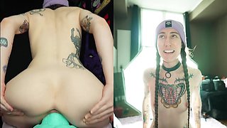 Huge standing dildo makes the inked girl riding it just ecstatic