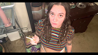 Horny Brunette Smoking and Riding Dildo