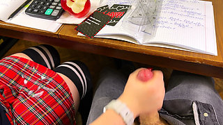High Schoolgirl Stroking Him off in Math Class Under the Table. at College