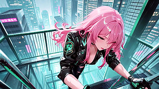 Pink-Haired Leather Tech! Private vibes in a neon-lit cyber corridor.