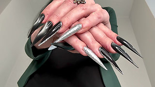 Long Black Silver Sharp Nails, Claws, Dark Lipstick and Hot Handjobs
