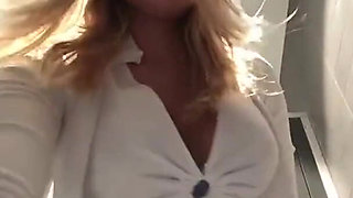 Tattooed Blonde with Big Tits and Hairy Pussy Masturbates in Mcdonald’s Toilet Then Double Fingers Herself to Orgasm