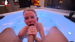 Hot Teen Bikergirl Gives Risky Blowjob in Spa - Facial Cumshot in Mouth