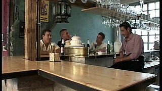 Redhead German cougar rides big dick in the bar