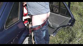 Sex in backseat car Taxi driver stopped on side road sexy blonde MILF jerk off cock. Man fuck pussy doggystyle cum