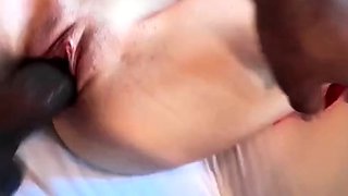 Black stud cums on cuckold white wife's bald pussy and