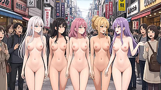 Five naked beauties are walking naked down the street