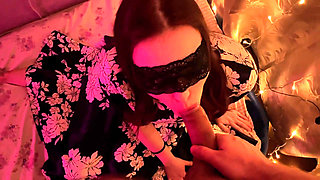 Holiday New Year blowjob from a beautiful woman in a mask and dress